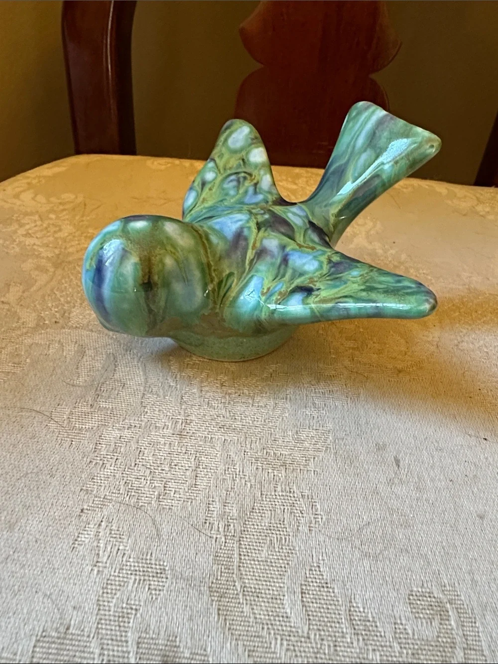 1960s Monterey Jade pottery bird w/green, blue drip glaze